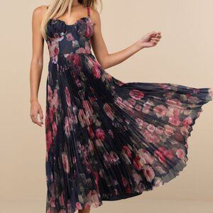 Lulus Alluring Invite Midnight Blue Floral Pleated Bustier Midi Dress - Size M